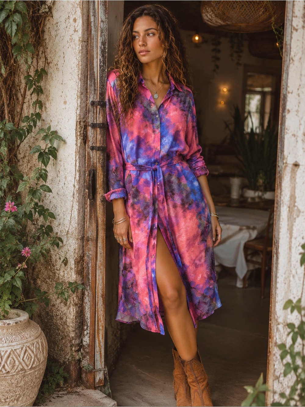 BL^NK LONDON x ANTHROPOLOGIE Tie Dye Button-Up Shirt Dress With Belt Size Med